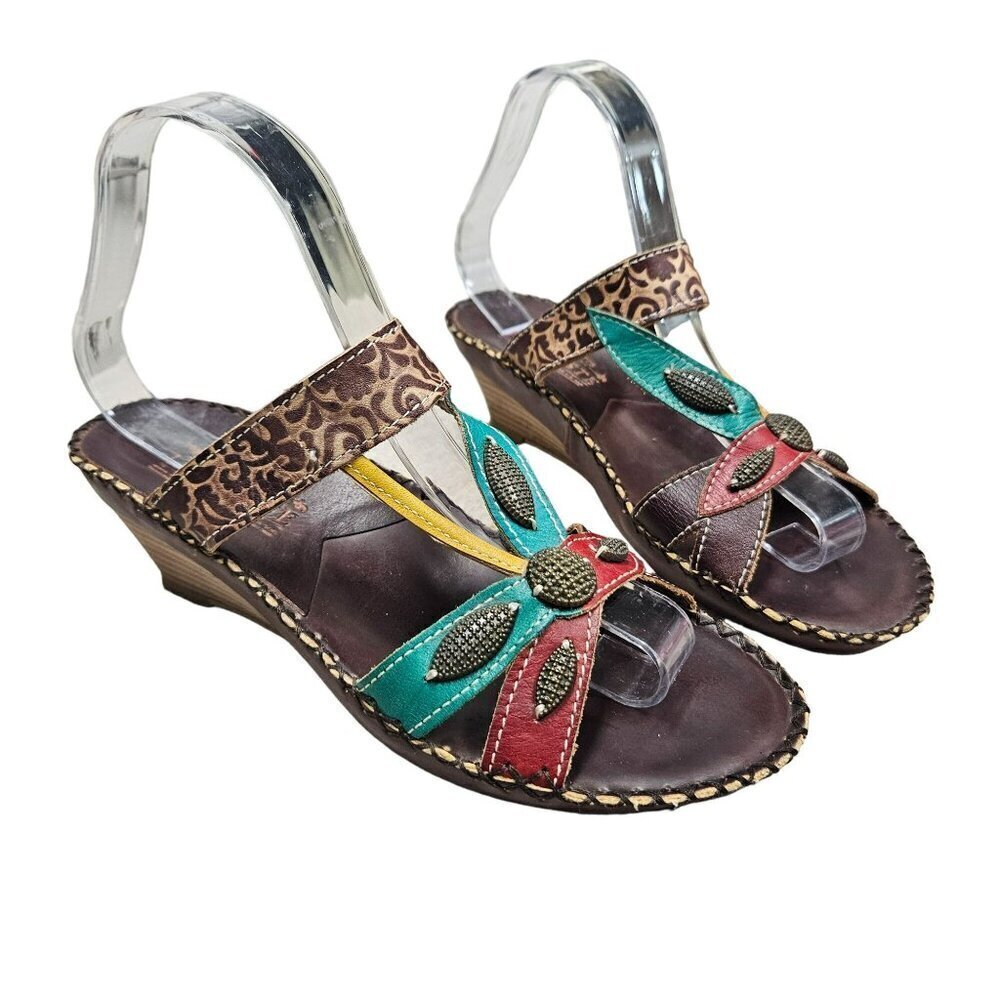 L'Artiste Charlotte 38 Women's‎ Colorful Wedge Sandals Multicolor Straps Flower